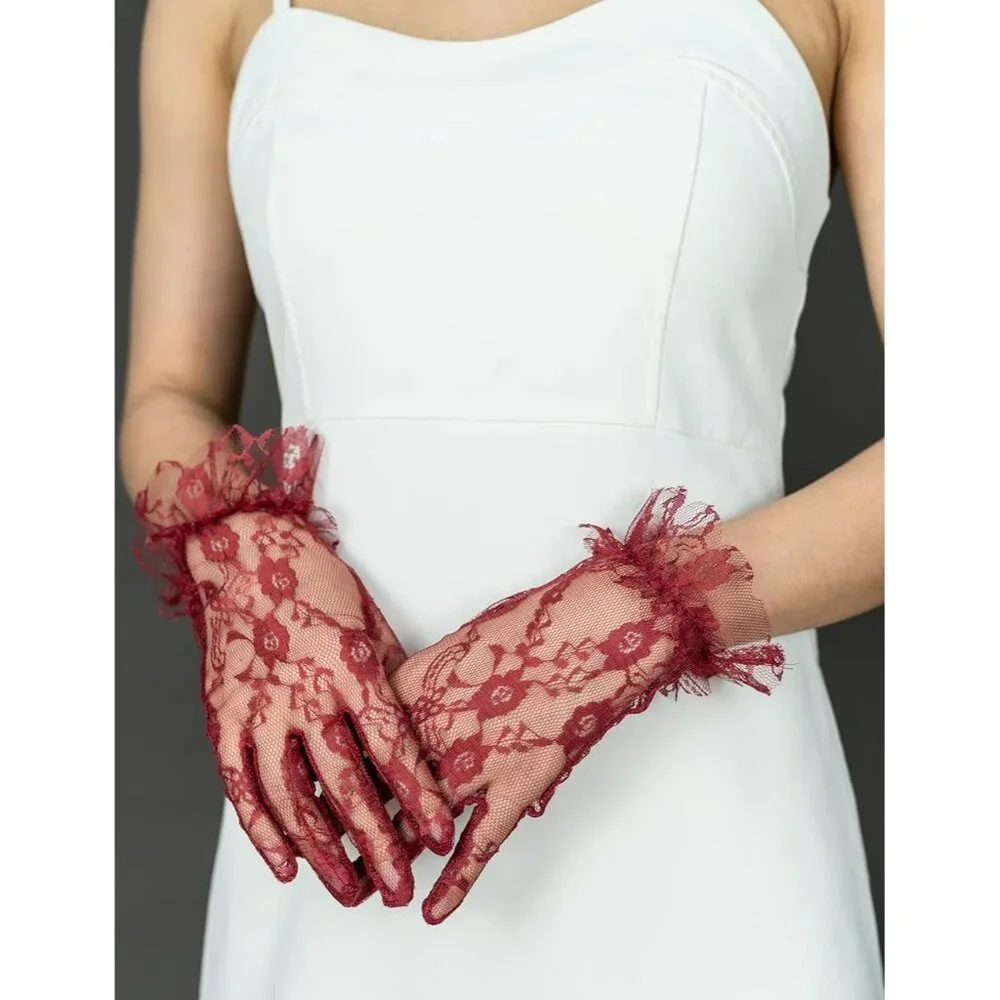 Women's Red Vintage Evening Short Lace Gloves Wedding Party Prom Accessories - Picture 5 of 6